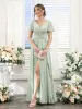 A-Line V-Neck Short Sleeves Split Side Ruched Floor-Length Chiffon Bridesmaid Dresses sold by Lavetir
