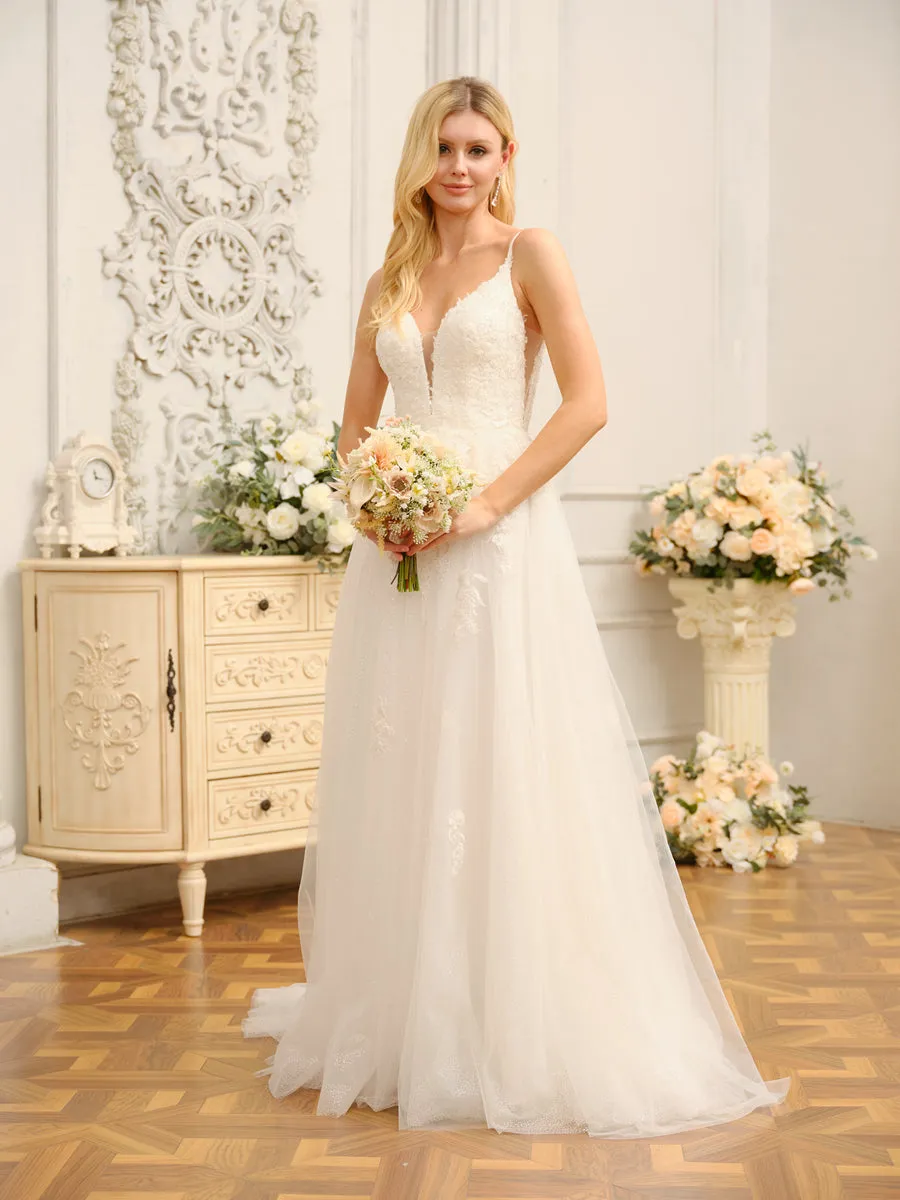A-Line/Princess Spaghetti Straps Sleeveless Long Wedding Dresses with Appliques & Seuiqns sold by Lavetir product image thumbnail 4