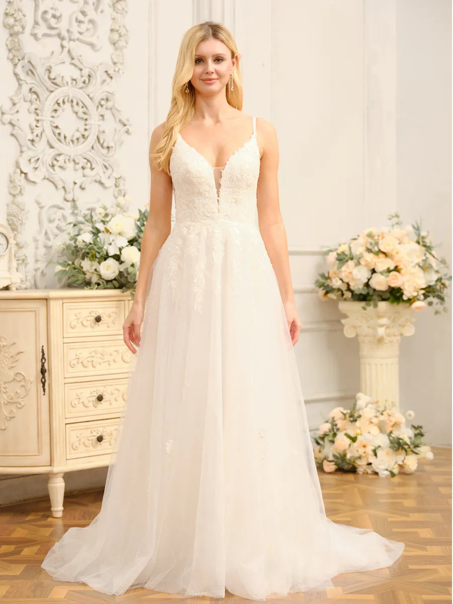 A-Line/Princess Spaghetti Straps Sleeveless Long Wedding Dresses with Appliques & Seuiqns sold by Lavetir