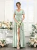 A-Line V-Neck Short Sleeves Split Side Ruched Floor-Length Chiffon Bridesmaid Dresses sold by Lavetir