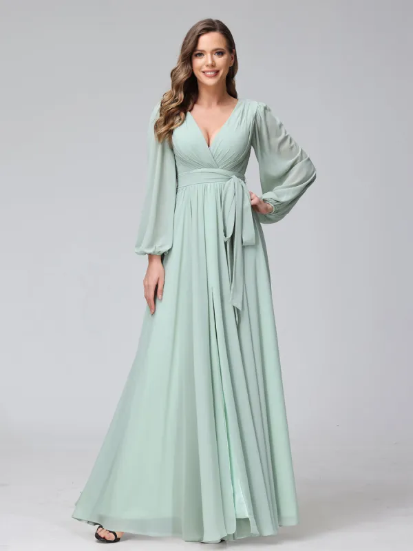 A-Line V-Neck Long Sleeves Chiffon Long Bridesmaid Dresses With Ruffles Split Side sold by Lavetir
