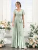 A-Line V-Neck Short Sleeves Split Side Ruched Floor-Length Chiffon Bridesmaid Dresses sold by Lavetir