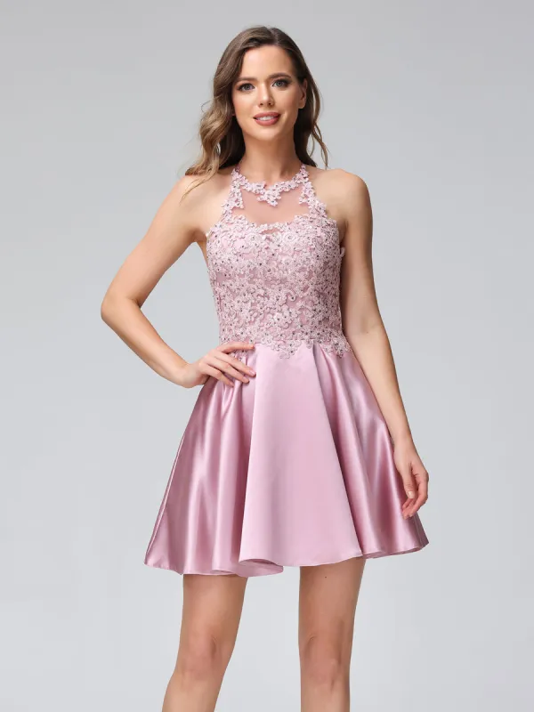 A-Line High Neck Sleeveless Satin Short Lace Dresses with Appliques sold by Lavetir