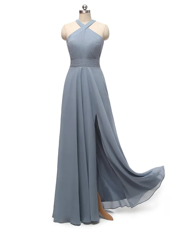 A-Line/Princess Halter Sleeveless Split Side Chiffon With Pleats Floor-Length Bridesmaid Dresses sold by Lavetir