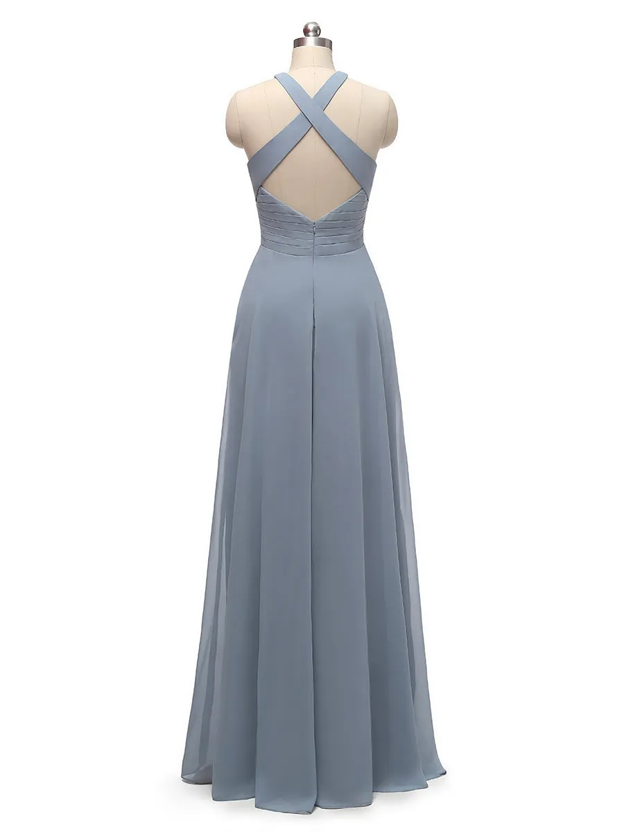 A-Line/Princess Halter Sleeveless Split Side Chiffon With Pleats Floor-Length Bridesmaid Dresses sold by Lavetir product image thumbnail 2
