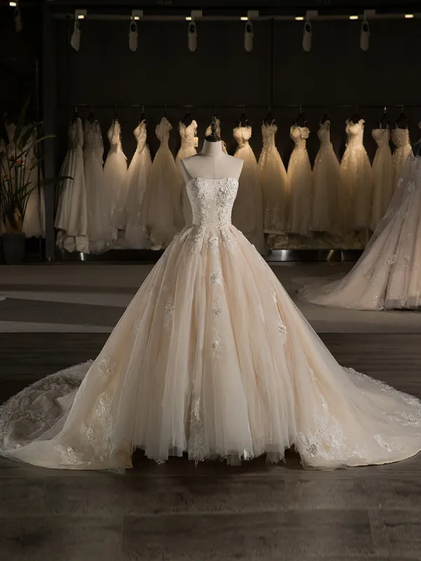 Strapless Sleeveless Tulle Floral Embroidery With Beading Court Train Ball Gown Wedding Dresses sold by Lavetir