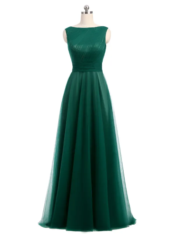 A-Line/Princess Scoop Sleeveless Tulle With Pleats Floor-Length Bridesmaid Dresses sold by Lavetir