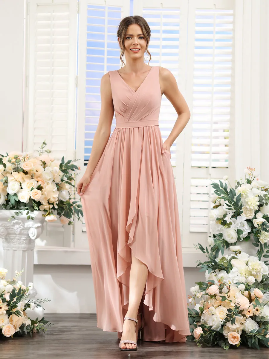 A-Line V-Neck Sleeveless Ruched Asymmetrical Chiffon Bridesmaid Dresses sold by Lavetir