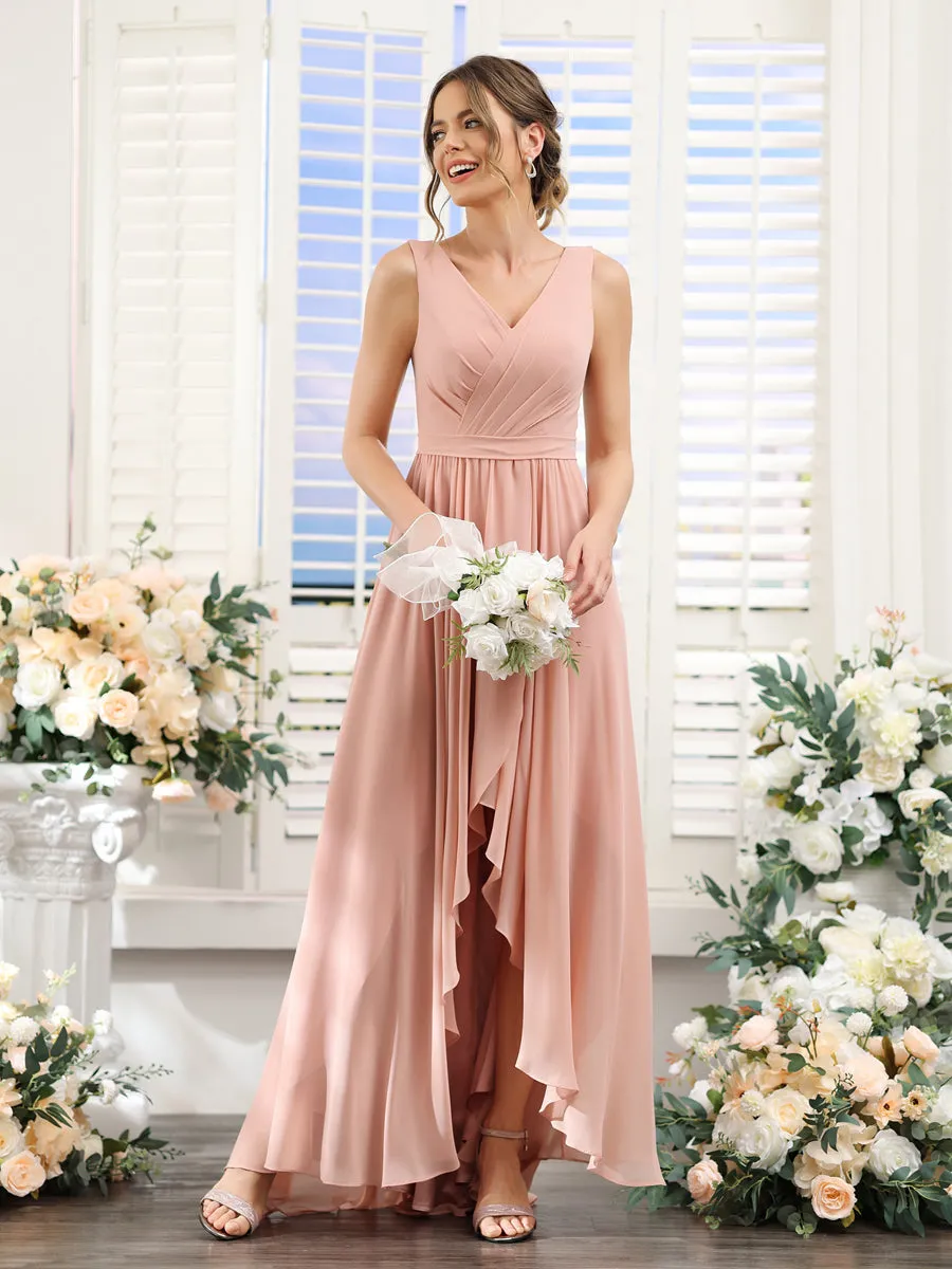 A-Line V-Neck Sleeveless Ruched Asymmetrical Chiffon Bridesmaid Dresses sold by Lavetir product image thumbnail 5