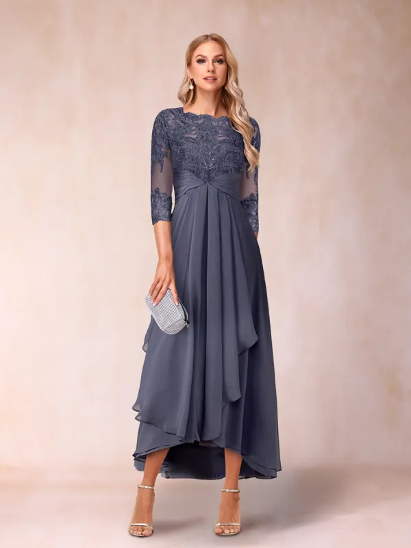 A-Line/Princess Sheer Neck 3/4 Sleeves Long Formal Evening Dresses with Beading & Appliques sold by Lavetir