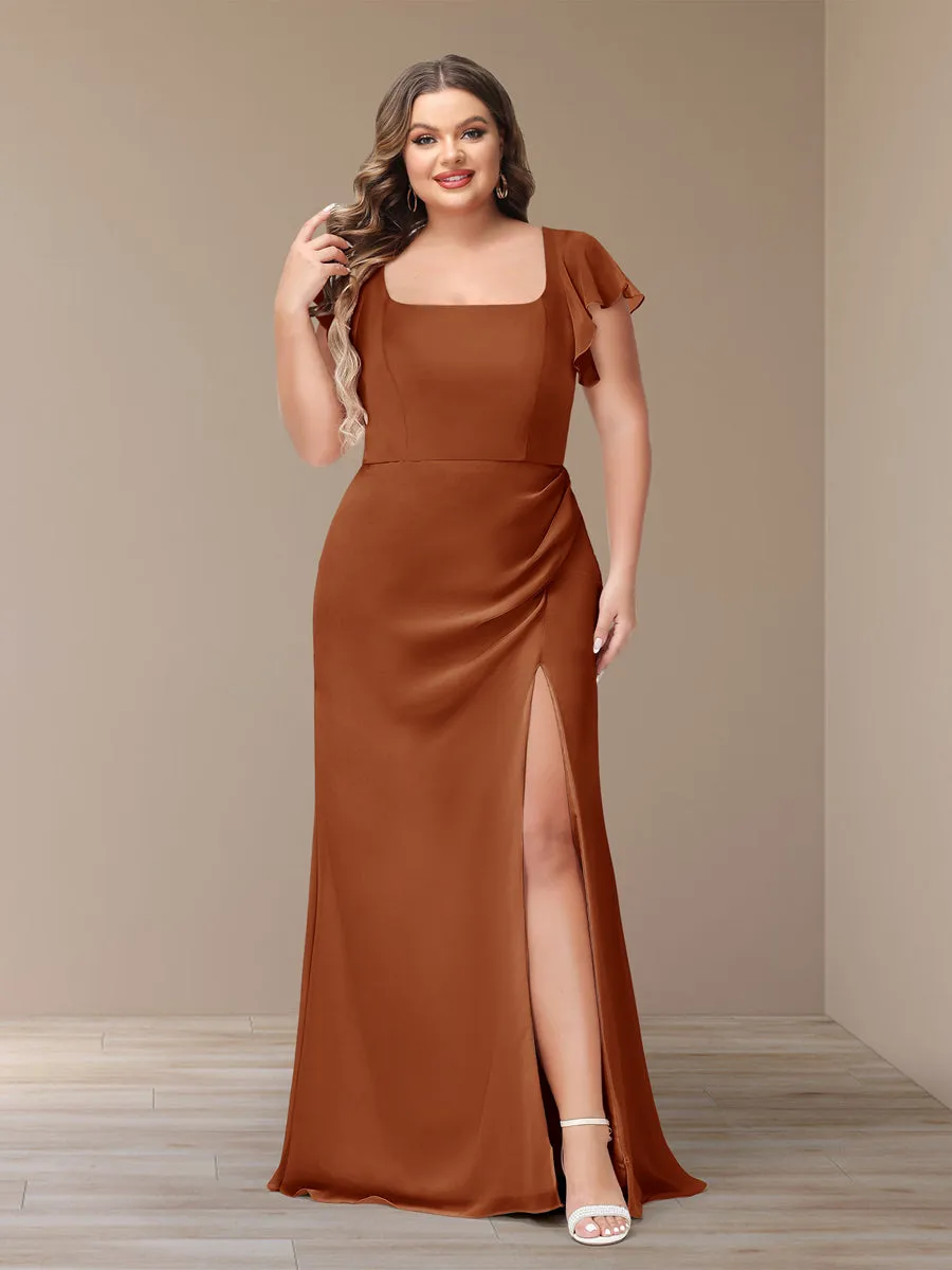 Sheath/Column Short Sleeves Chiffon Plus Size Bridesmaid Dresses with Split Side sold by Lavetir product image thumbnail 5