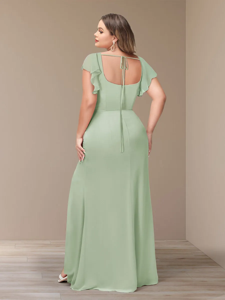 Sheath/Column Short Sleeves Chiffon Plus Size Bridesmaid Dresses with Split Side sold by Lavetir product image thumbnail 2
