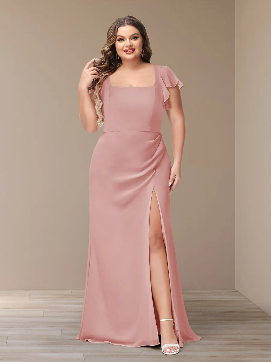 Sheath/Column Short Sleeves Chiffon Plus Size Bridesmaid Dresses with Split Side sold by Lavetir product image thumbnail 3