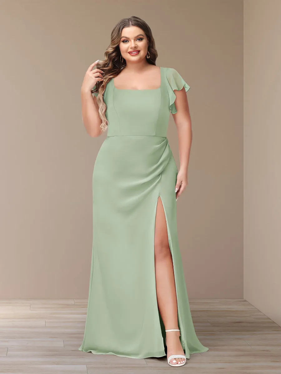 Sheath/Column Short Sleeves Chiffon Plus Size Bridesmaid Dresses with Split Side sold by Lavetir