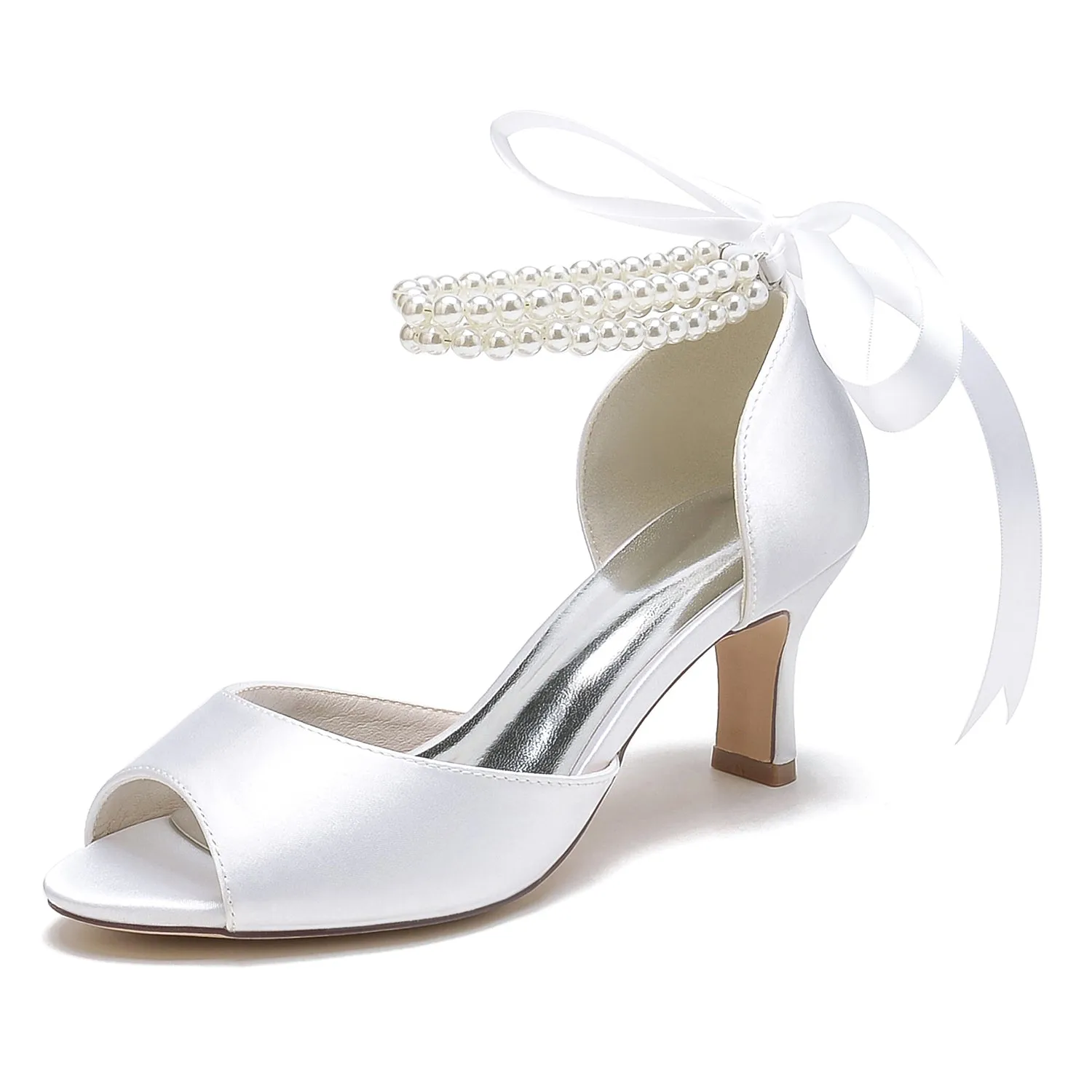 Women's Silk Satin With Ankle Strap Lace-up Pearl Peep Toe Spool Heel Party Shoes sold by Lavetir