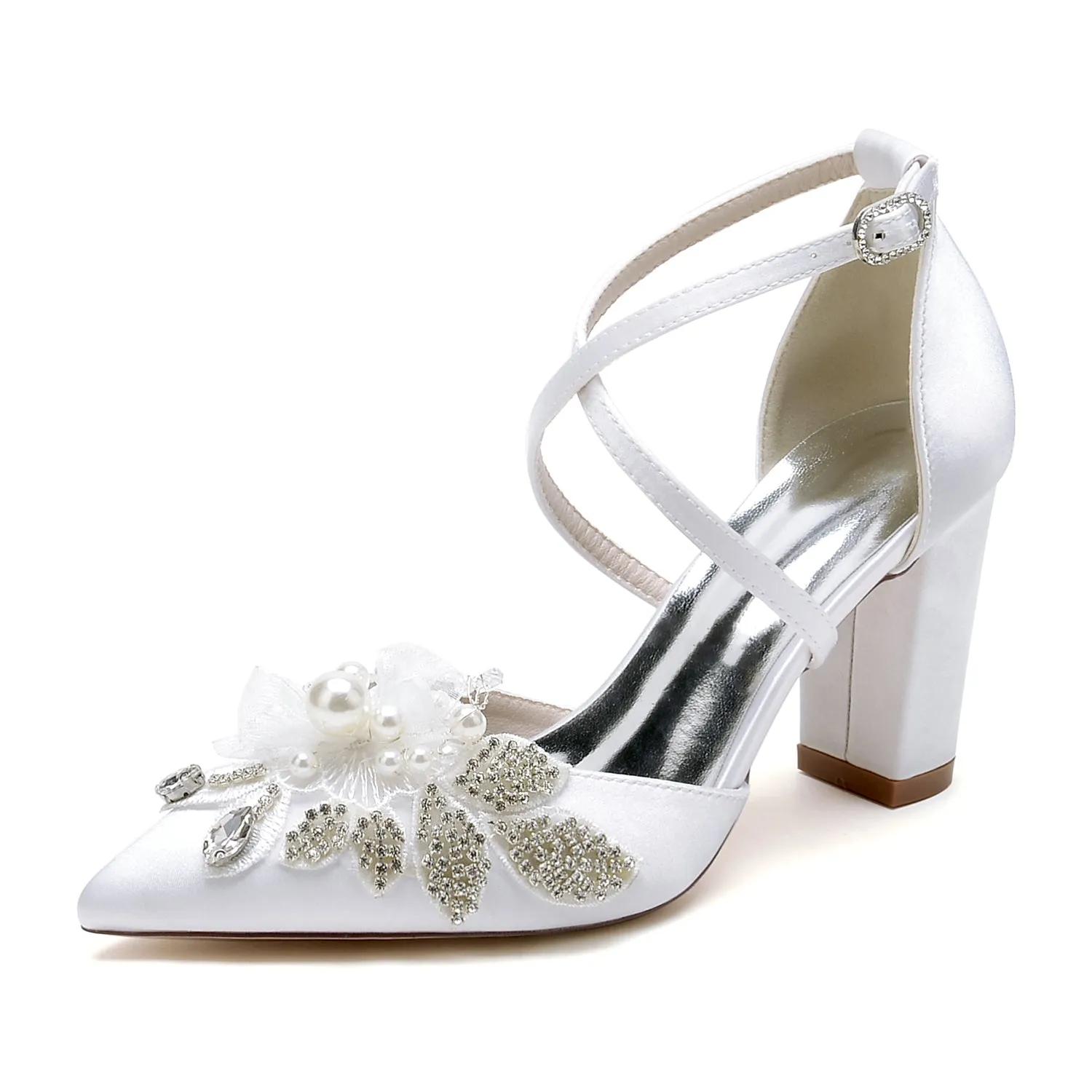 Women's Silk Satin With Ankle Strap Flower Pearl Rhinestone Closed Toe Chunky Heel Wedding Shoes sold by Lavetir