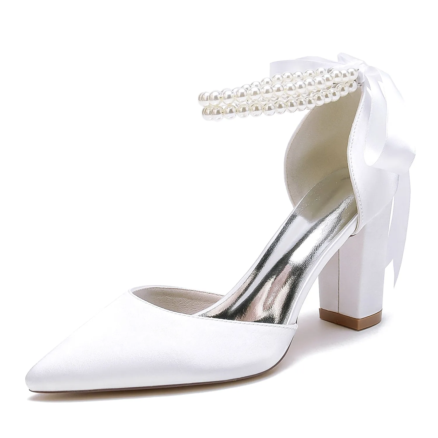 Women's Silk Satin With Ankle Strap Lace-up Pearl Closed Toe Chunky Heel Wedding Shoes sold by Lavetir