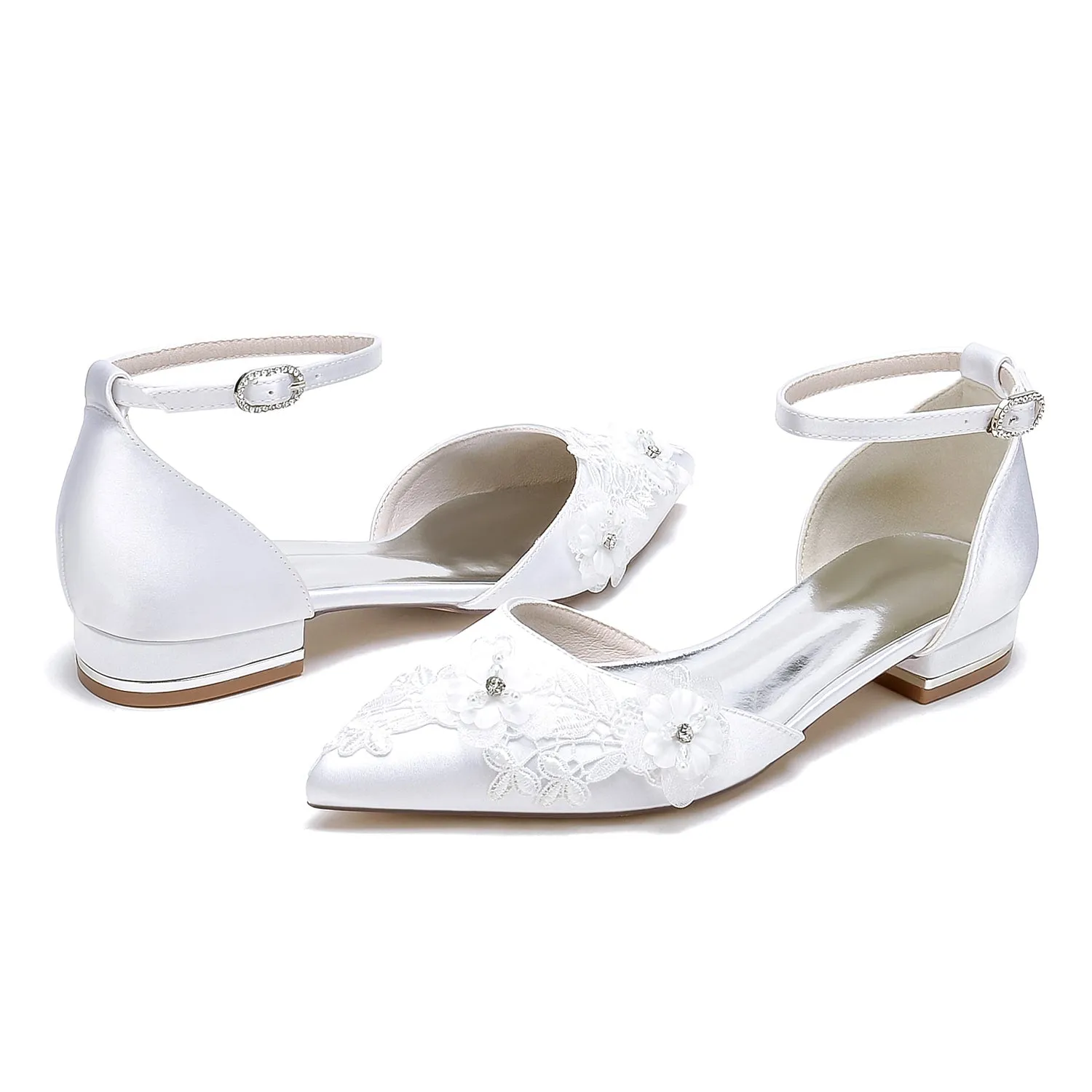 Women's Silk Satin With Ankle Strap Flower Closed Toe Flat Heel Wedding Shoes sold by Lavetir product image thumbnail 5