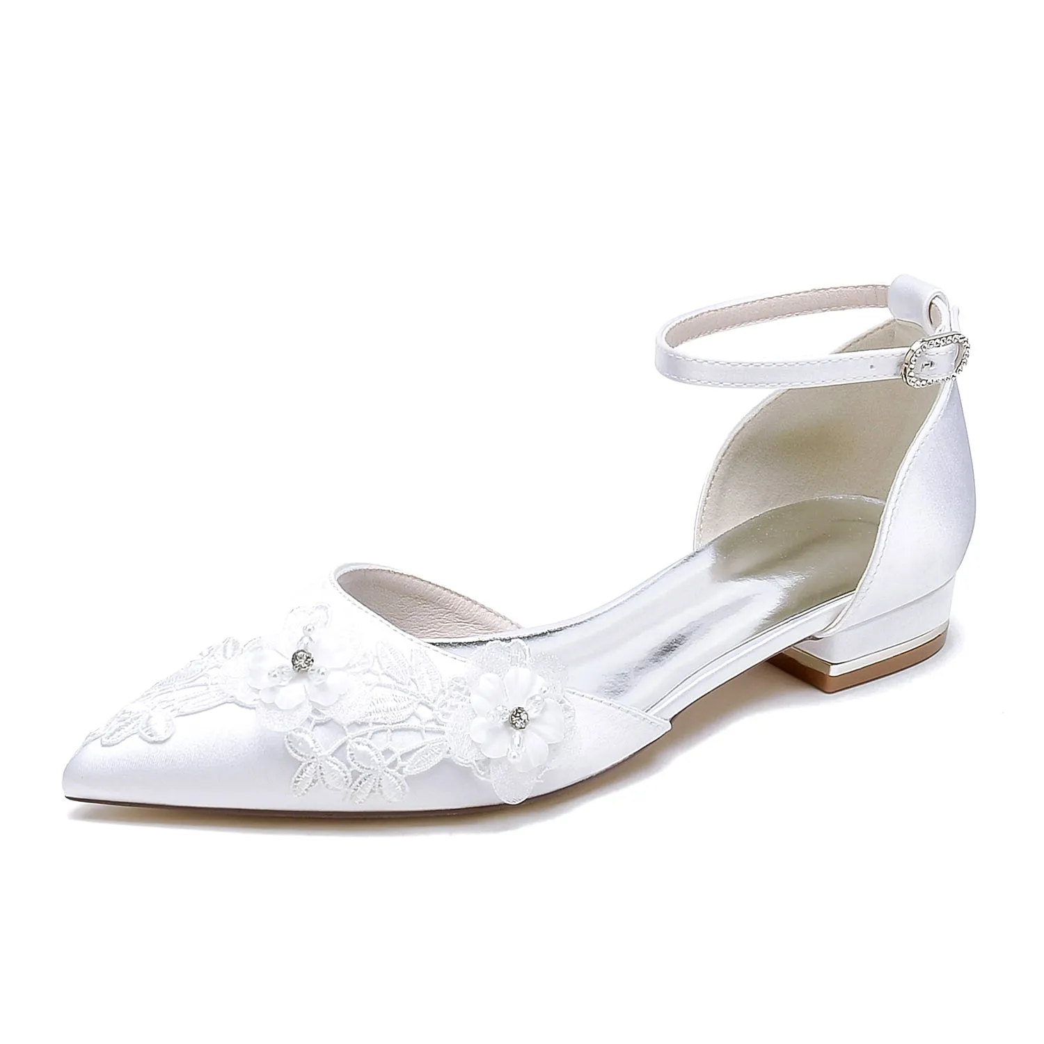 Women's Silk Satin With Ankle Strap Flower Closed Toe Flat Heel Wedding Shoes sold by Lavetir