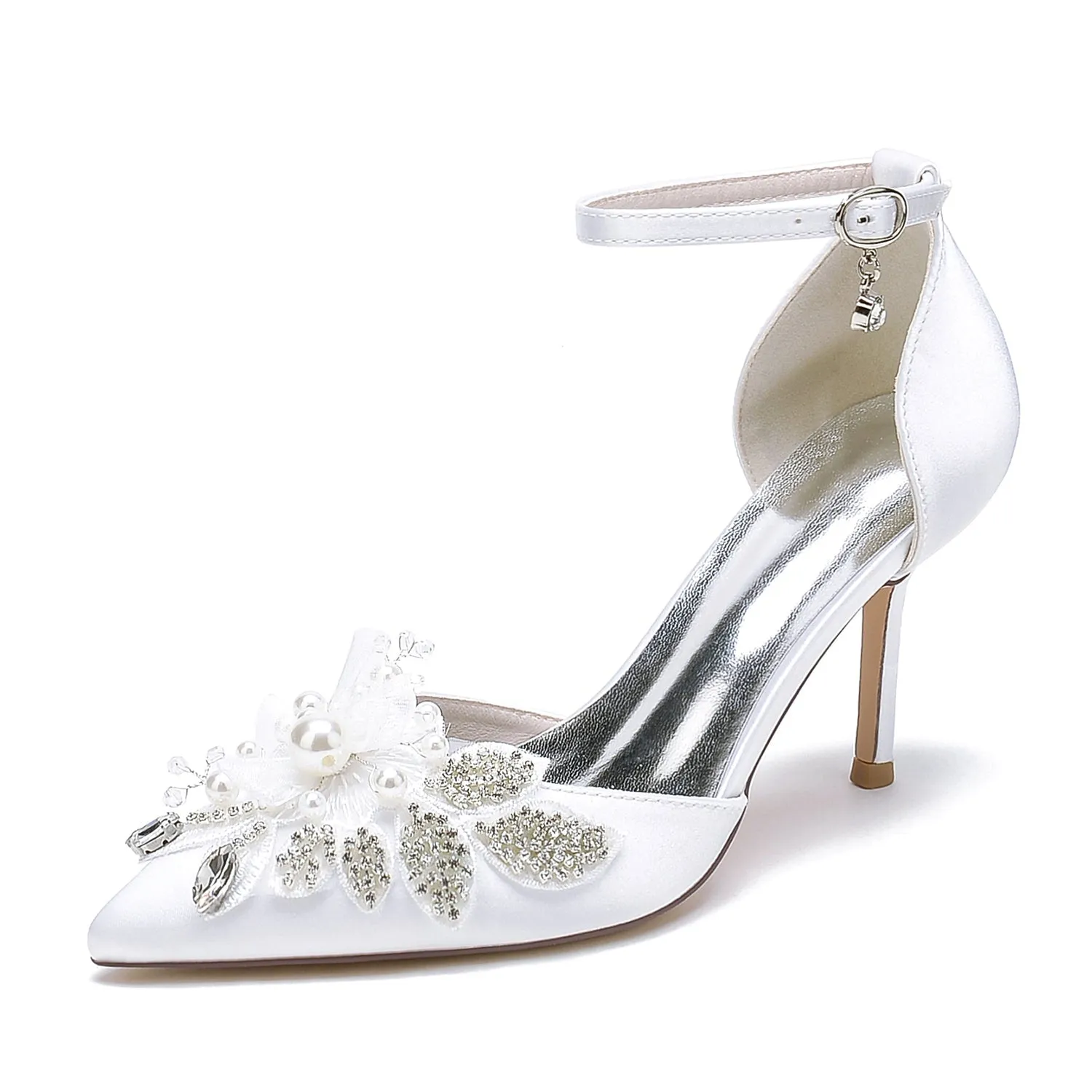 Women's Silk Satin With Ankle Strap Flower Rhinestone Closed Toe Stiletto Heel Wedding Shoes sold by Lavetir
