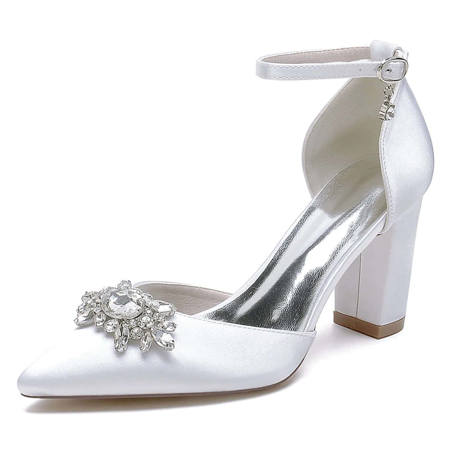 Women's Silk Satin With Ankle Strap Chunky Heel Rhinestone Closed Toe Evening Shoes sold by Lavetir