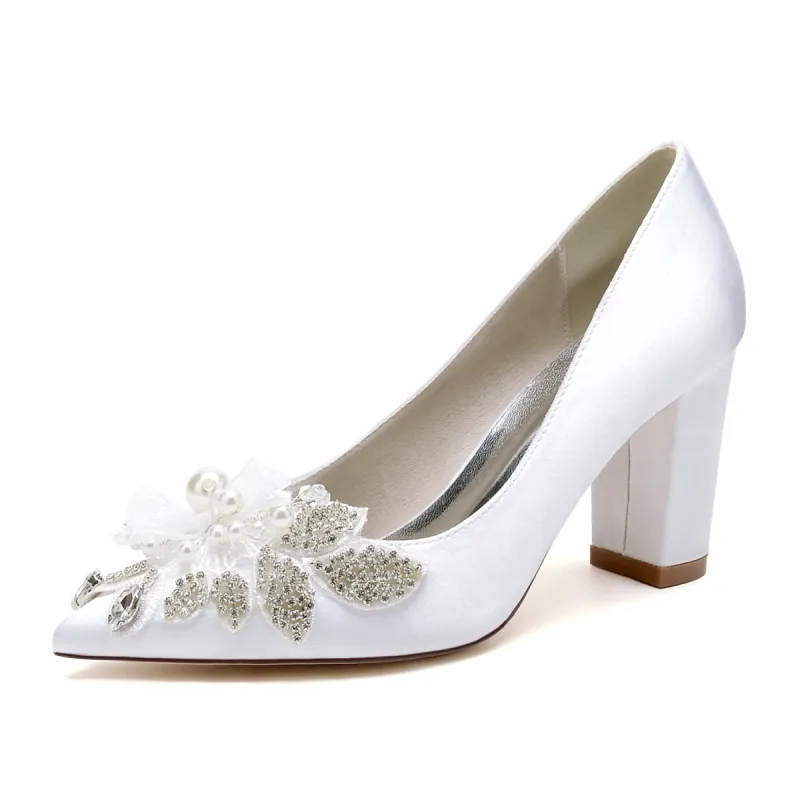 Women's Silk Satin With Flower Rhinestone Closed Toe Chunky Heel Evening Shoes sold by Lavetir