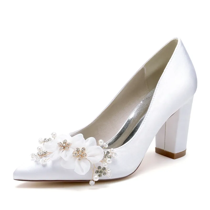 Women's Chunky Heel Silk Satin With Flower Closed Toe Wedding Shoes sold by Lavetir