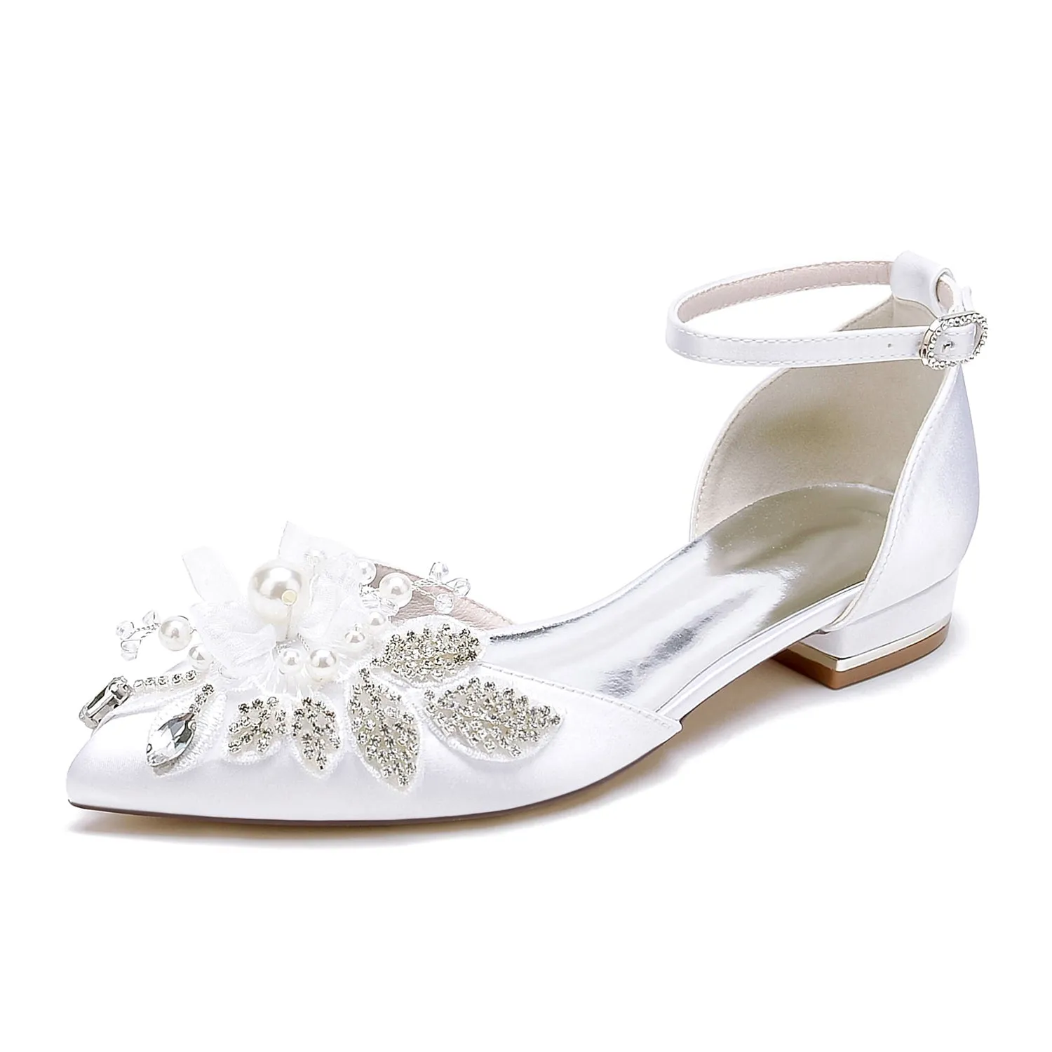 Women's Silk Satin With Ankle Strap Flower Rhinestone Closed Toe Flat Heel Evening Shoes sold by Lavetir