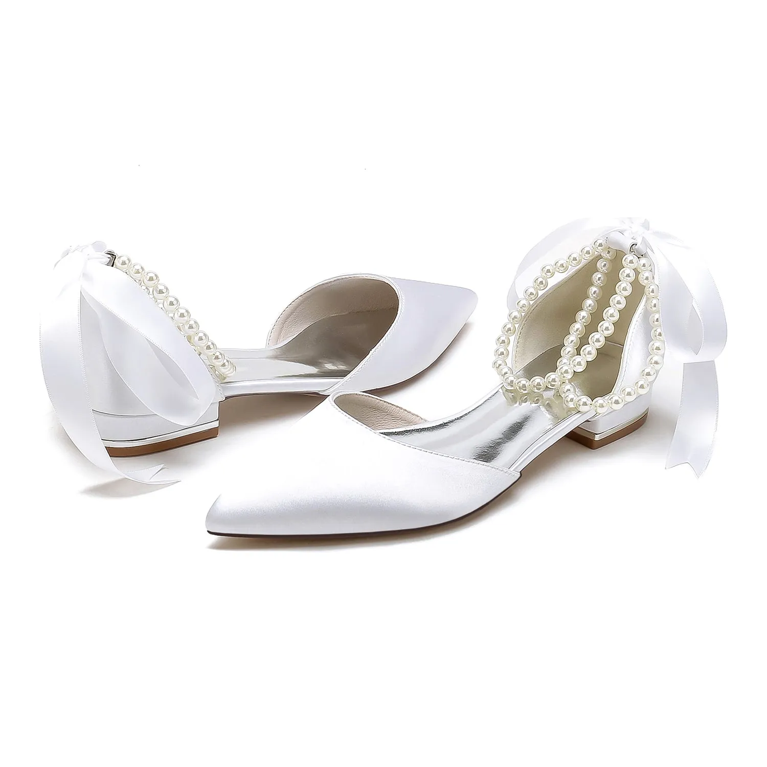 Women's Silk Satin With Ankle Strap Lace-up Pearl Closed Toe Flat Heel Evening Shoes sold by Lavetir product image thumbnail 5