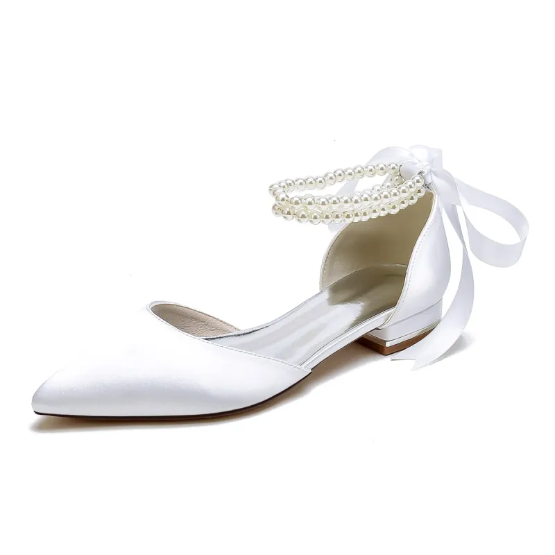 Women's Silk Satin With Ankle Strap Lace-up Pearl Closed Toe Flat Heel Evening Shoes sold by Lavetir