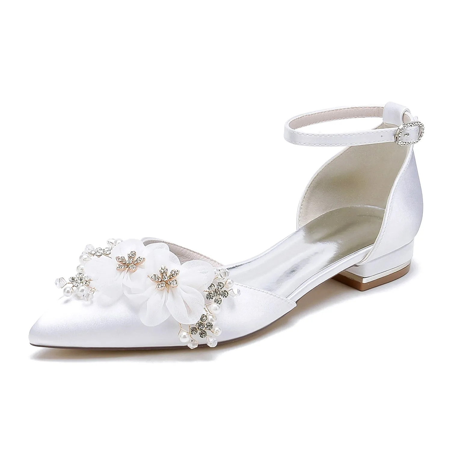 Women's Flat Heel Silk Satin With Ankle Strap Flower Closed Toe Wedding Shoes sold by Lavetir