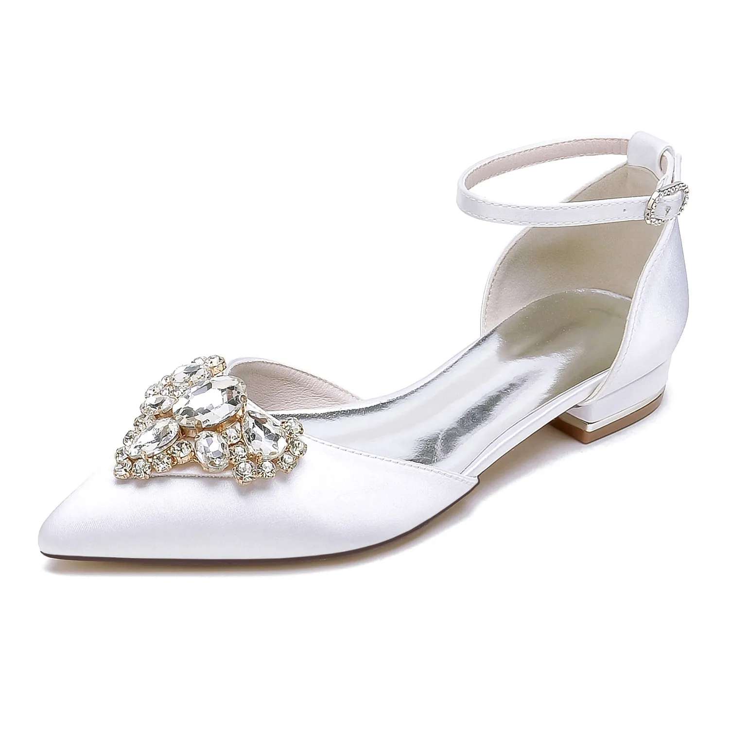 Women's Silk Satin Closed Toe With Ankle Strap Rhinestone Flat Heel Wedding Shoes sold by Lavetir
