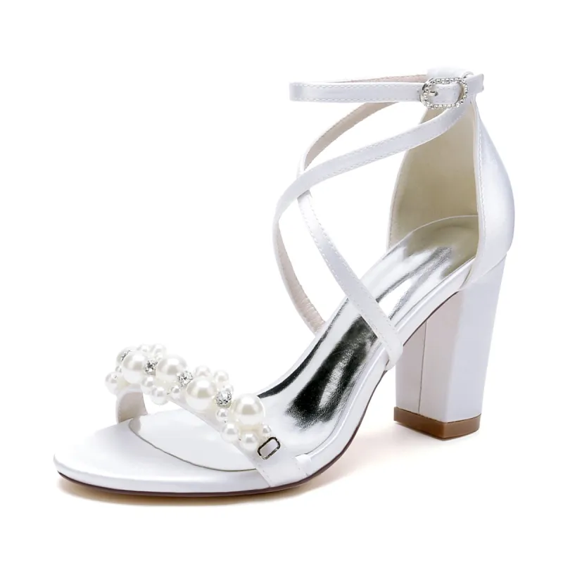 Women's Silk Satin With Ankle Strap Pearl Rhinestone Peep Toe Chunky Heel Wedding Shoes sold by Lavetir