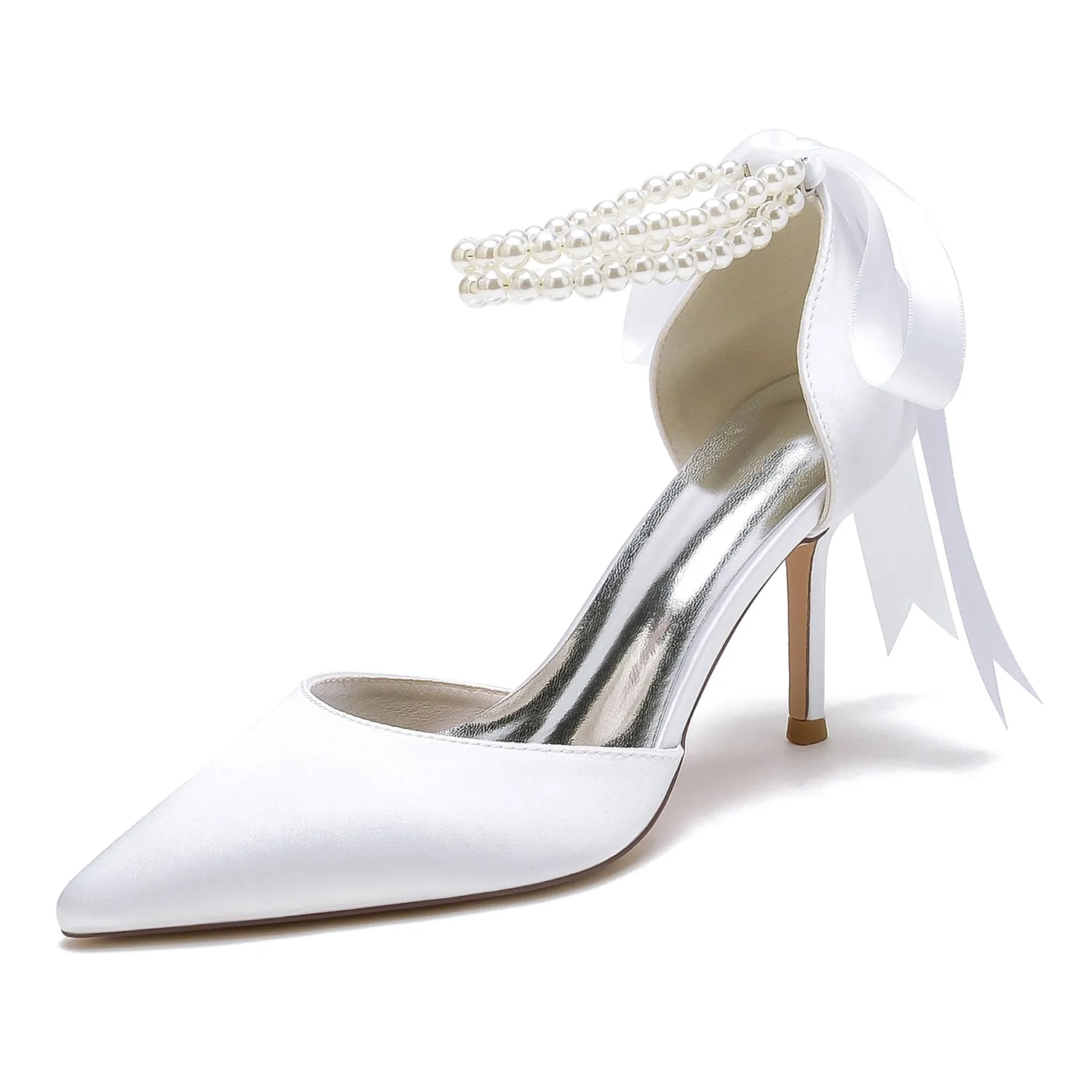 Women's Silk Satin With Pearl Closed Toe Ankle Strap Lace-up Stiletto Heel Wedding Shoes sold by Lavetir