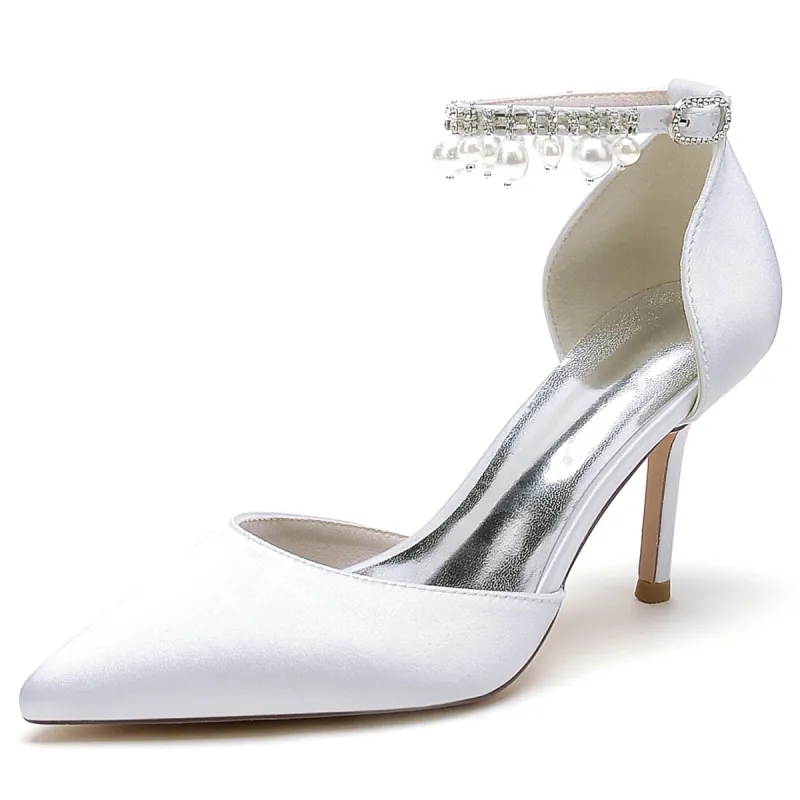 Women's Silk Satin With Ankle Strap Pearl Rhinestone Tassel Closed Toe Stiletto Heel Party Shoes sold by Lavetir