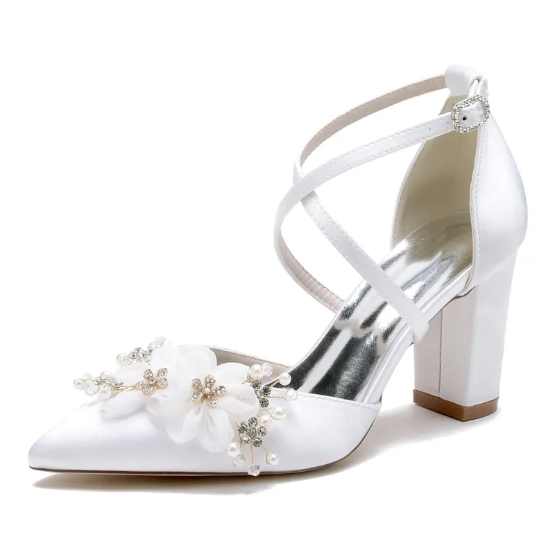 Women's Silk Satin With Ankle Strap Flower Closed Toe Chunky Heel Wedding Shoes sold by Lavetir