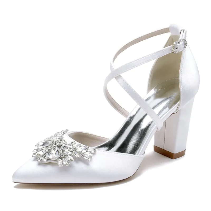 Women's Silk Satin With Ankle Strap Rhinestone Closed Toe Chunky Heel Party Shoes sold by Lavetir