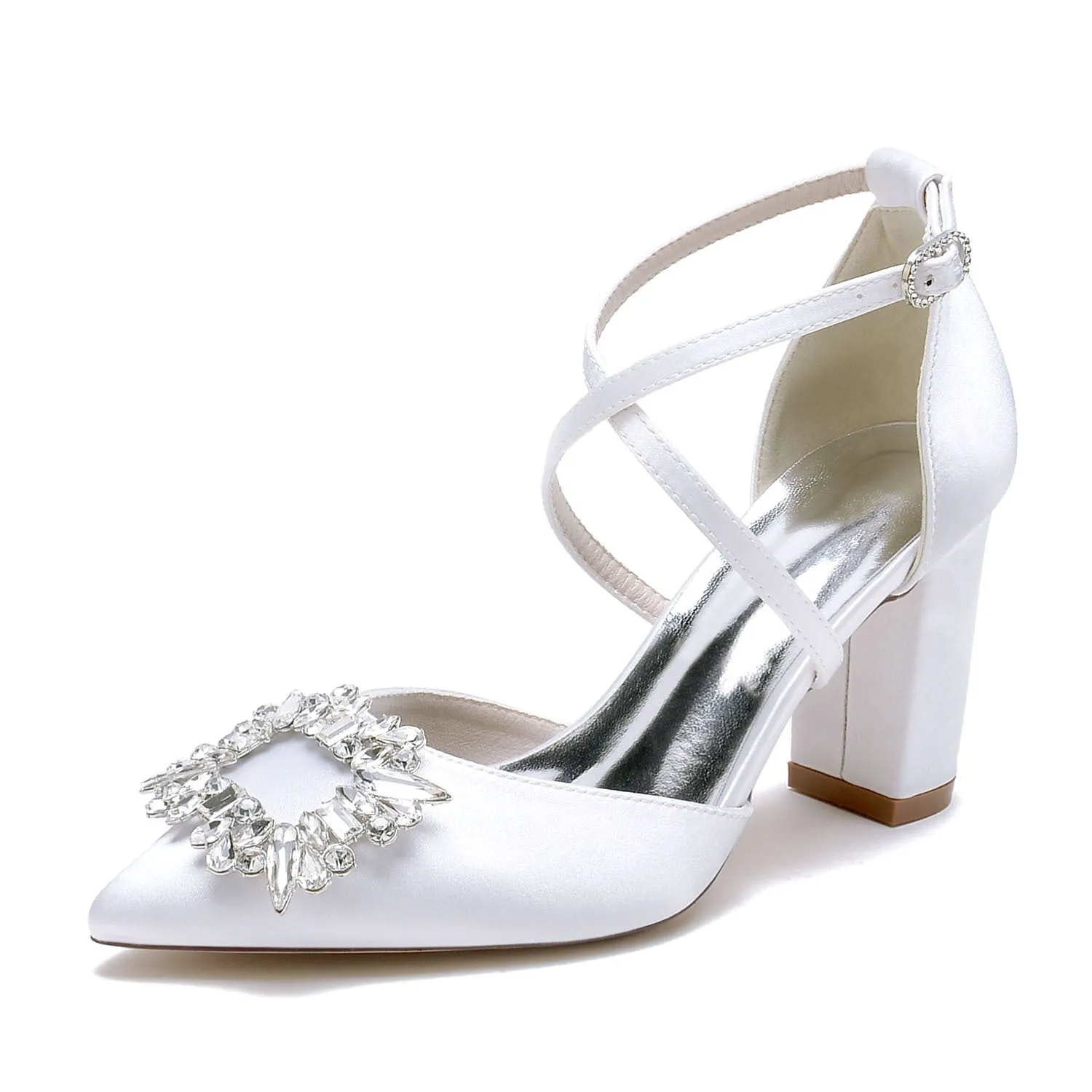 Women's Silk Satin With Ankle Strap Rhinestone Closed Toe Chunky Heel Wedding Shoes sold by Lavetir