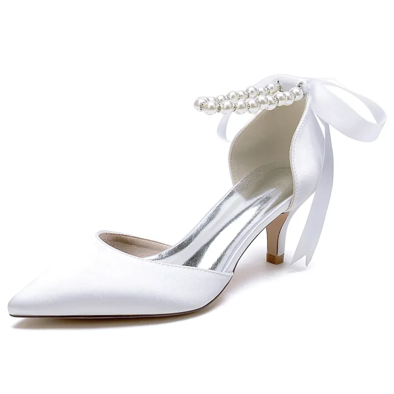 Women's Silk Satin With Lace-up Pearl Closed Toe Ankle Strap Stiletto Heel Wedding Shoes sold by Lavetir