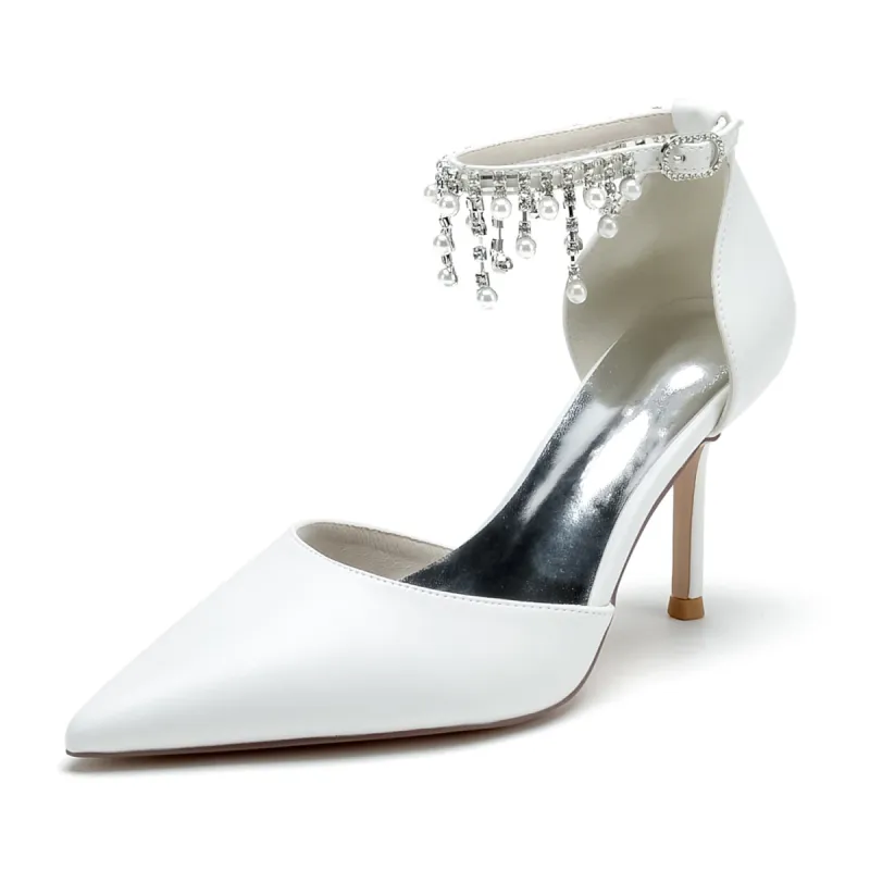 Women's PU With Ankle Strap Pearl Rhinestone Tassel Closed Toe Stiletto Heel Evening Shoes sold by Lavetir