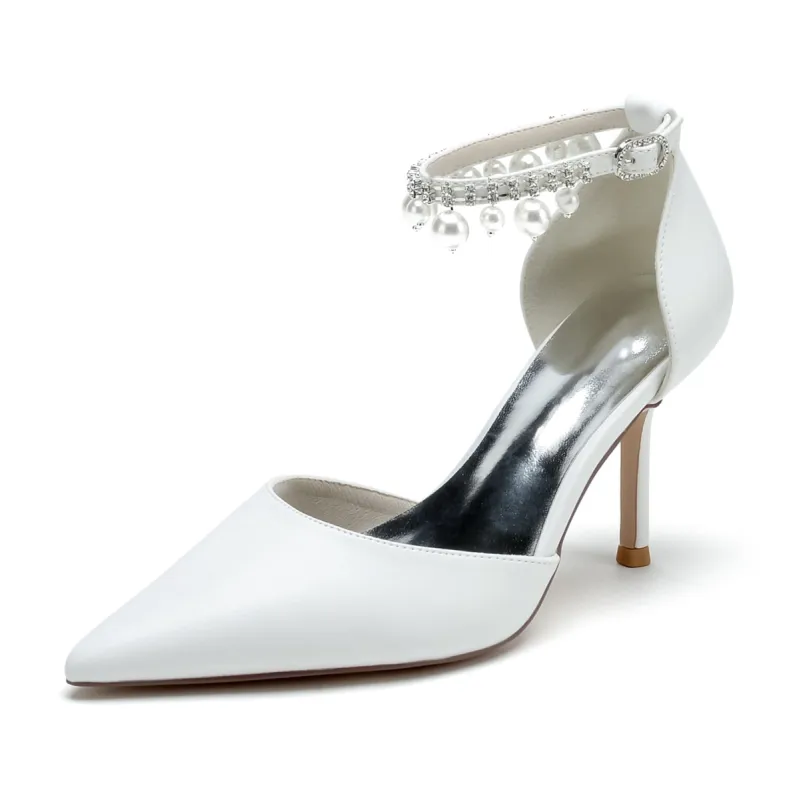 Women's PU With Ankle Strap Pearl Tassel Closed Toe Stiletto Heel Wedding Shoes sold by Lavetir