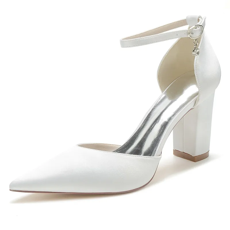 Women's Silk Satin With Closed Toe Ankle Strap Chunky Heel Wedding Shoes sold by Lavetir