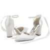 Women's Silk Satin With Lace-up Ankle Strap Pearl Closed Toe Chunky Heel Wedding Shoes sold by Lavetir