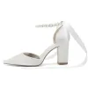 Women's Silk Satin With Lace-up Ankle Strap Pearl Closed Toe Chunky Heel Wedding Shoes sold by Lavetir