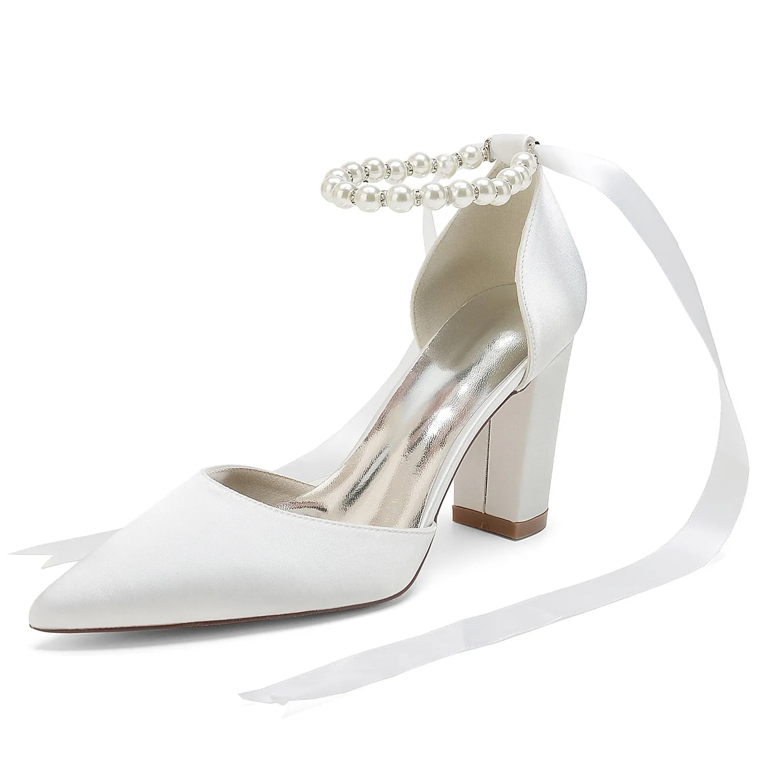 Women's Silk Satin With Lace-up Ankle Strap Pearl Closed Toe Chunky Heel Wedding Shoes sold by Lavetir
