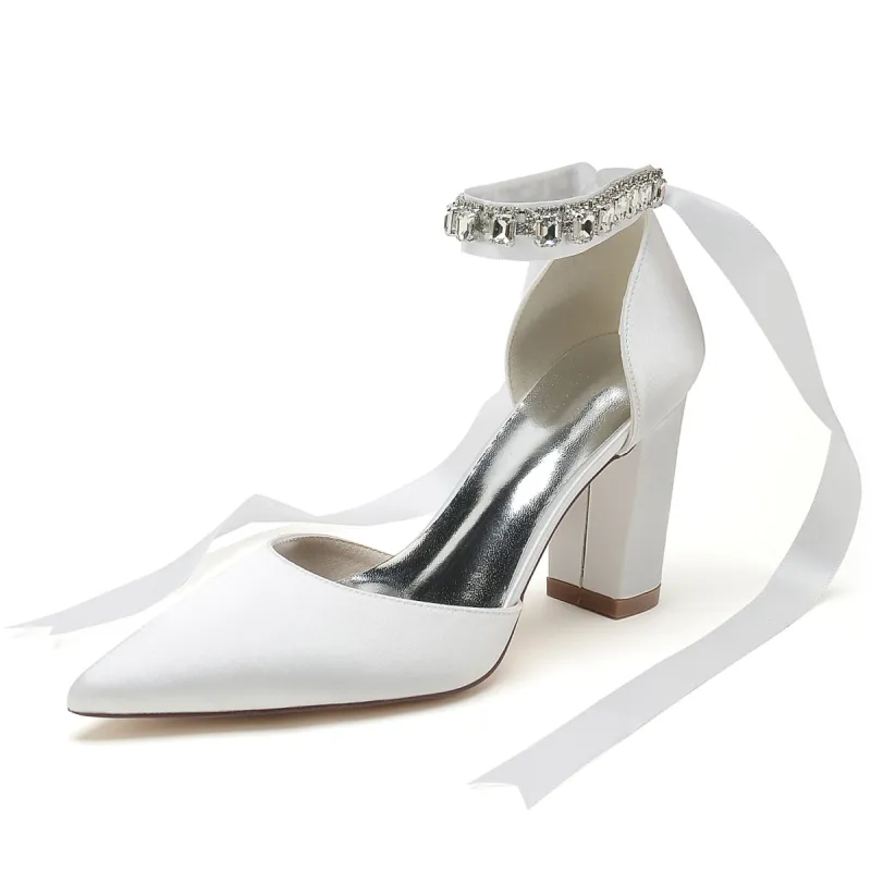 Women's Silk Satin With Ankle Strap Lace-up Closed Toe Chunky Heel Evening Shoes sold by Lavetir