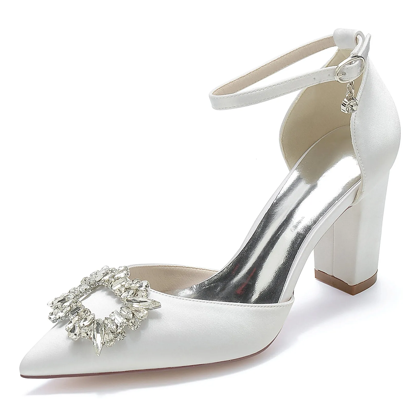Women's Silk Satin Ankle Strap With Rhinestone Closed Toe Chunky Heel Wedding Shoes sold by Lavetir