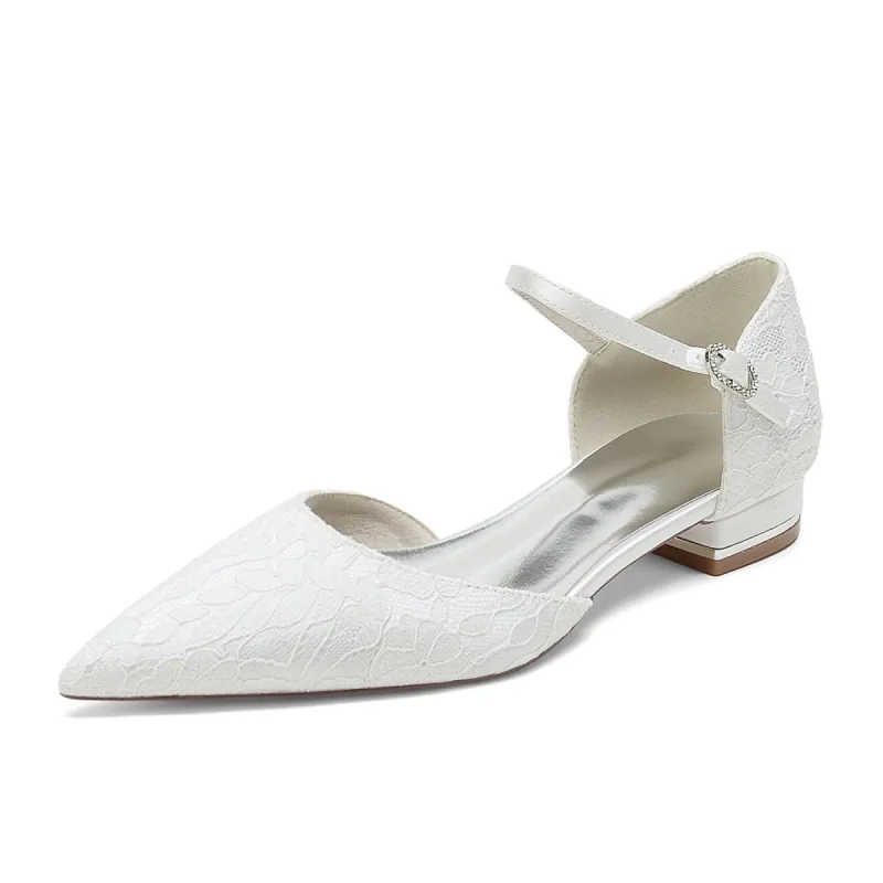Women's Lace Silk Satin With Ankle Strap Lace Closed Toe Flat Heel Evening Shoes sold by Lavetir
