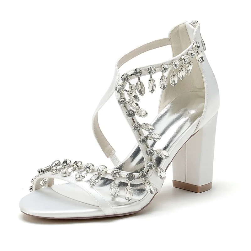 Women's Silk Satin With Ankle Strap Rhinestone Tassel Peep Toe Chunky Heel Party Shoes sold by Lavetir