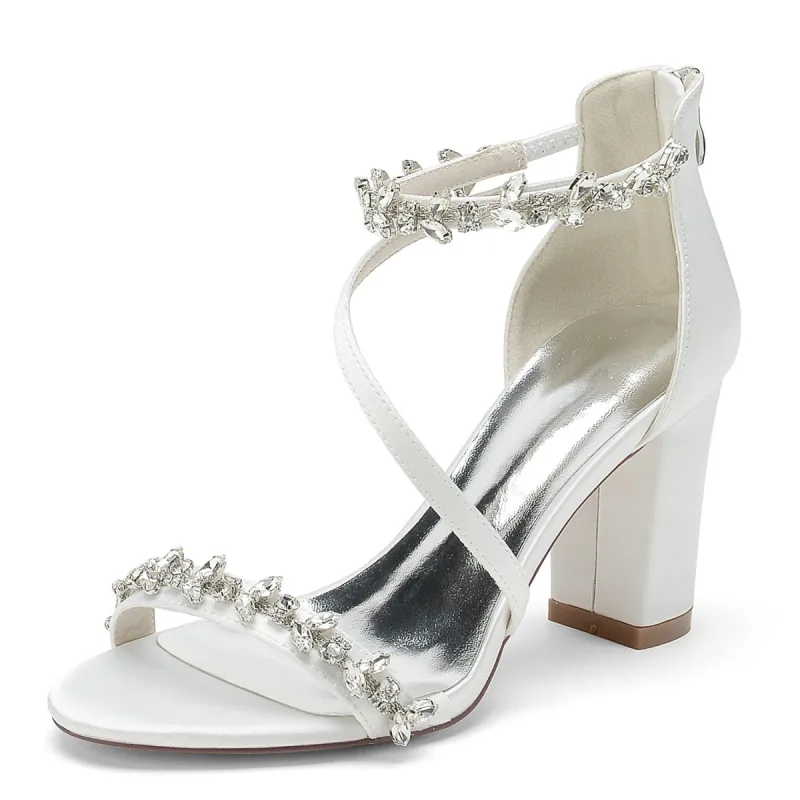Women's Silk Satin With Ankle Strap Peep Toe Chunky Heel Rhinestone Party Shoes sold by Lavetir